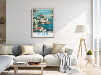 Modern living room with Rhodes poster on wall.