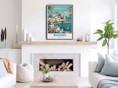 Cozy living room with Rhodes poster above fireplace.