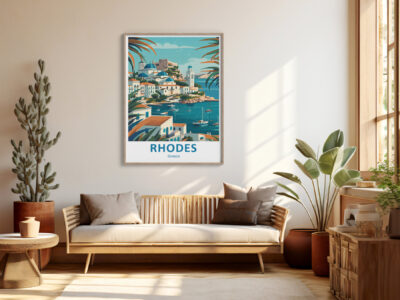 Cozy living room with framed Rhodes, Greece poster.