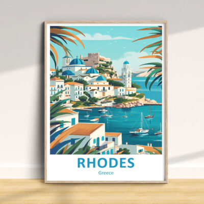Illustrated poster of Rhodes, Greece with coastal view.