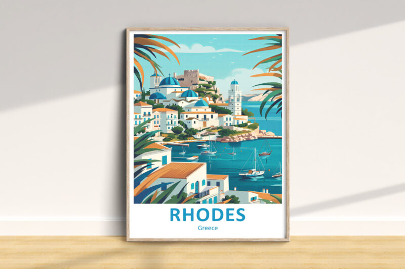 Illustrated poster of Rhodes, Greece with coastal view.
