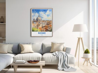 Modern living room with Rome poster and beach view.
