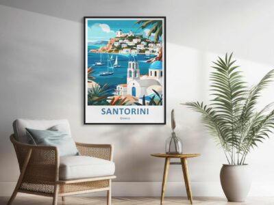 Framed Santorini poster in stylish interior room.