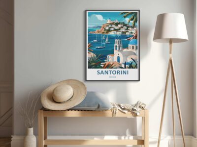 Santorini poster in minimalist interior setting.