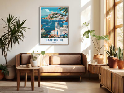 Modern living room with Santorini poster and plants.