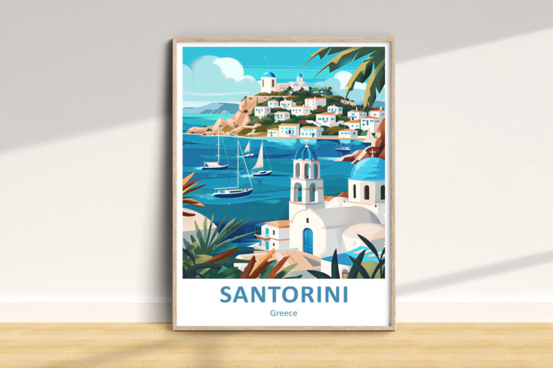 Illustrated Santorini coastline with blue-domed buildings.