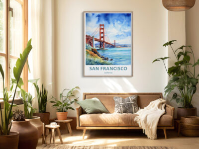 Living room with San Francisco poster on wall.