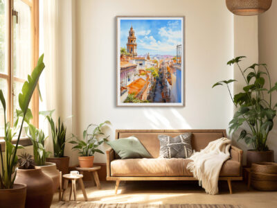 Cozy room with plants and Seville city painting.