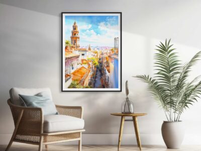 Cozy room with Seville artwork and plants.