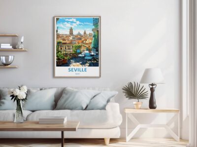 Framed Seville poster in stylish living room.
