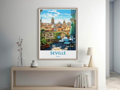 Framed Seville cityscape poster in modern room.
