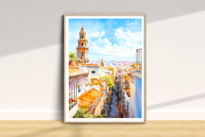 Seville skyline illustration in a wooden frame.