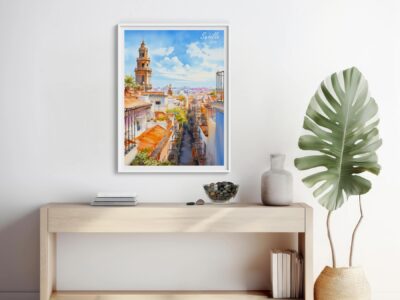 Framed Seville cityscape on modern white wall.