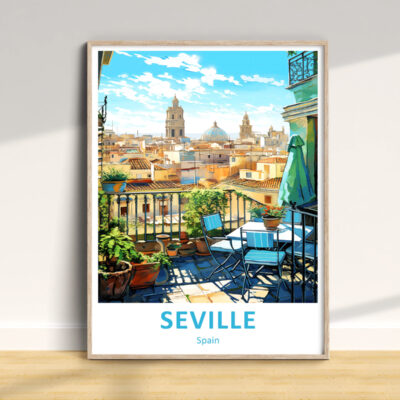 Framed Seville cityscape artwork on wall