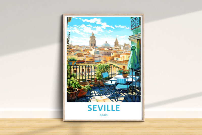 Framed Seville cityscape artwork on wall