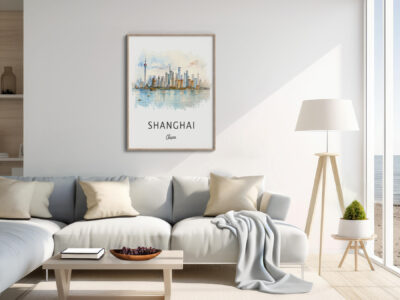 Modern living room with Shanghai skyline artwork.