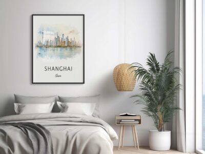 Modern bedroom with Shanghai skyline painting.