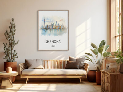 Cozy room with Shanghai skyline artwork.