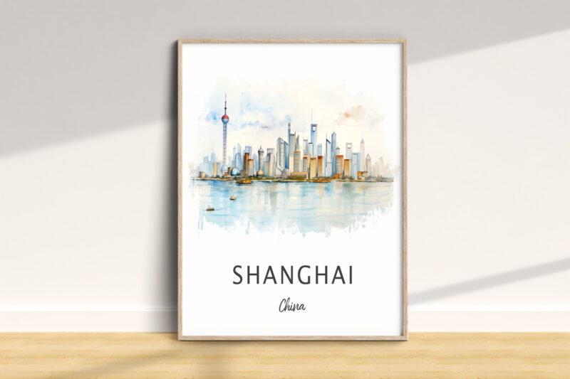 Watercolor art of Shanghai skyline, framed.