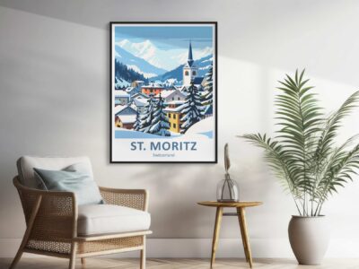 Framed St. Moritz poster in cozy room decor.