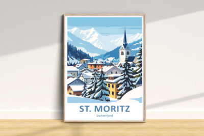 St. Moritz winter scene with snow-capped mountains.