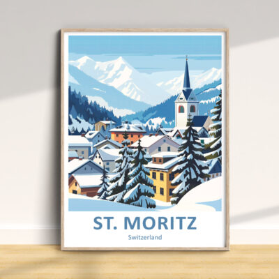 St. Moritz winter scene with snow-capped mountains.