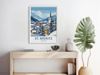 St. Moritz poster in minimalist room setup.