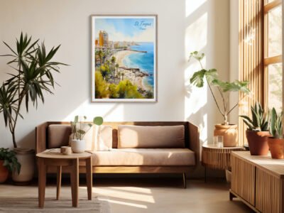 Cozy living room with plants and St. Tropez poster