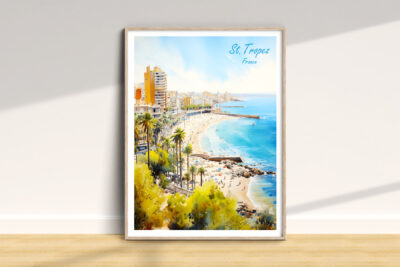St. Tropez beach artwork with ocean view.