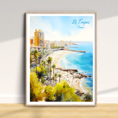 St. Tropez beach artwork with ocean view.