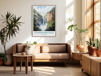 Cozy living room with waterfall poster, plants, wooden decor