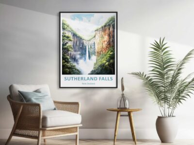 Sutherland Falls poster in modern living room.