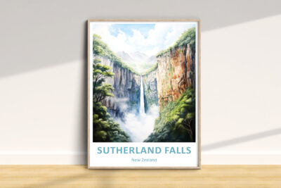Sutherland Falls poster, New Zealand waterfall art.