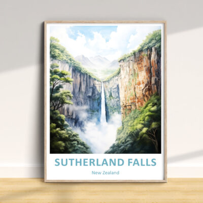 Sutherland Falls poster, New Zealand waterfall art.