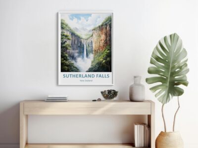 Sutherland Falls poster on minimalist wooden shelf.