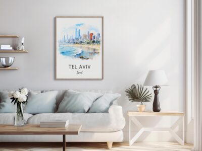 Stylish living room with Tel Aviv artwork