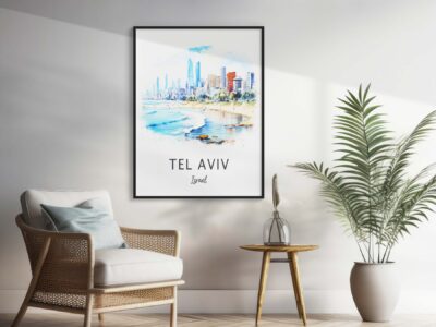 Interior with Tel Aviv artwork and plants