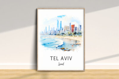 Tel Aviv skyline watercolor illustration, Israel