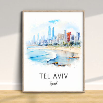 Tel Aviv skyline watercolor illustration, Israel