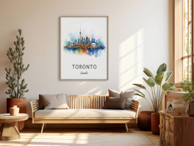 Modern living room with Toronto skyline art.