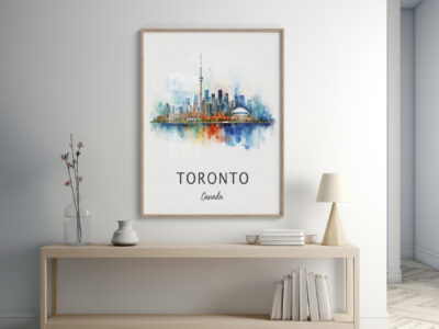 Toronto skyline watercolor art on wall.