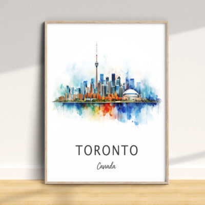 Colorful Toronto skyline watercolor painting in frame.
