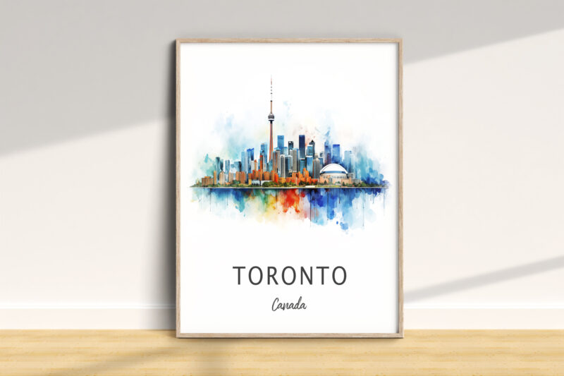 Colorful Toronto skyline watercolor painting in frame.