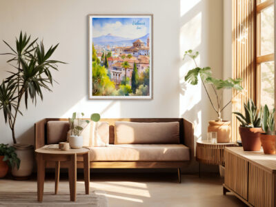 Cozy living room with landscape painting and plants.