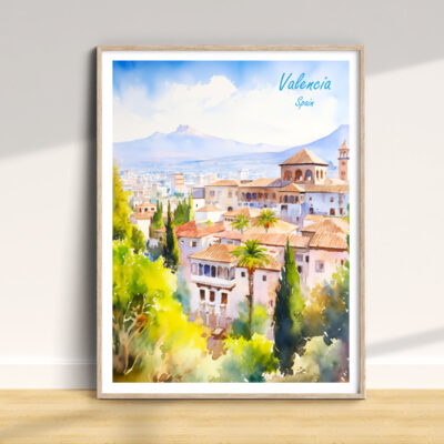 Watercolor painting of Valencia landscape.
