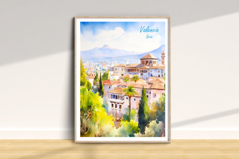 Watercolor painting of Valencia landscape.