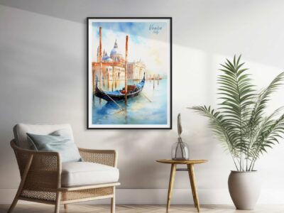 Framed Venice gondola painting in a modern room.