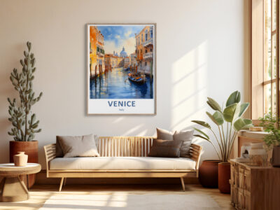 Modern living room with Venice painting on wall.