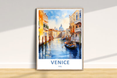 Framed Venice canal artwork on wooden floor.