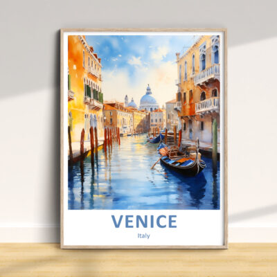 Framed Venice canal artwork on wooden floor.